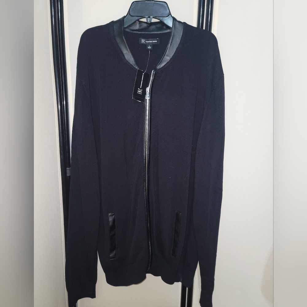 Mens INC Black Zip-Up Sweater with Leather Accents Size XL